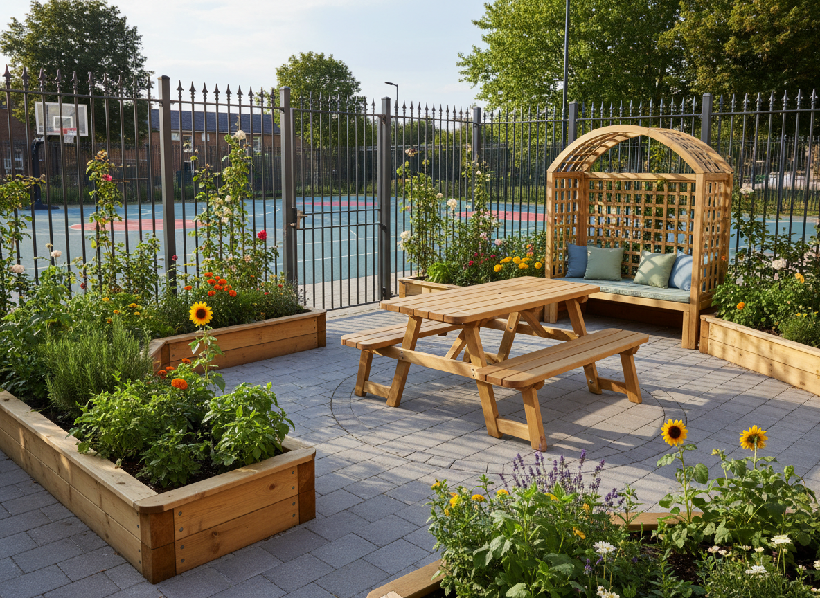 A secure outdoor garden area of a supervised youth residence, with a fenced but welcoming courtyard featuring raised wooden planters filled with herbs and flowers, a sturdy picnic table with smooth, rounded edges, and a small sheltered seating nook with weather-resistant cushions. Late afternoon sunlight bathes the scene in a warm glow, creating long, soft shadows across the neatly swept paving stones. A basketball hoop stands in the background near a clearly marked, safe playing surface. The composition is photographed at eye level with vibrant yet natural colors, capturing both structure and freedom. The mood is hopeful and uplifting, expressing safety, supervised freedom, and opportunities for healthy, active growth without any people present.