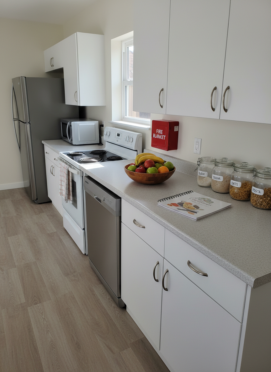 A carefully prepared shared kitchen in a supervised youth living environment, with durable white cabinets, soft-close drawers, and a light grey countertop free of clutter except for a wooden fruit bowl filled with fresh apples and bananas, a recipe binder, and a set of clearly labeled storage jars. Safety features like covered stove knobs and a visible fire blanket in a red case mounted on the wall underscore protection and care. Morning light enters through a small window, reflecting softly off stainless steel appliances. The photographic image is composed at a slight angle along the countertop, with natural colors and crisp detail, conveying everyday life skills training, structure, and a homely yet professionally managed space without including people.